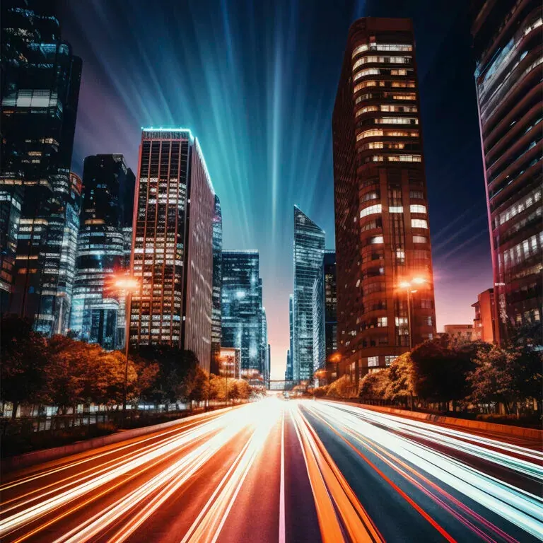 The e-book’s cover artwork: a night-time city avenue between lit towers, with the headlights of the traffic drawn out into long streaks of light.