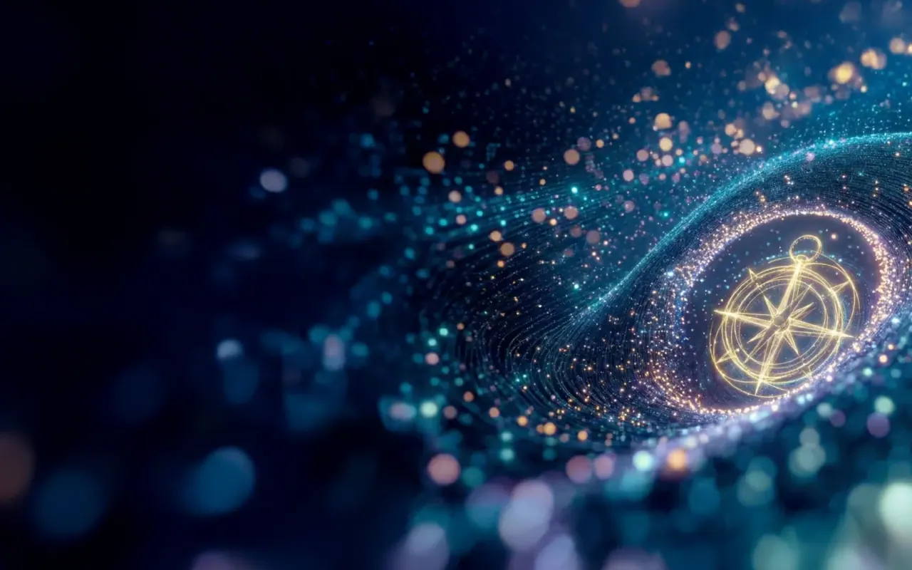 A glowing golden compass at the centre of a swirl of blue data particles