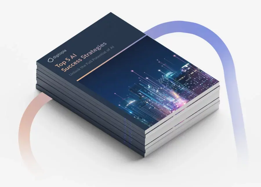 A stack of printed copies of Top 5 AI Success Strategies seen from above.
