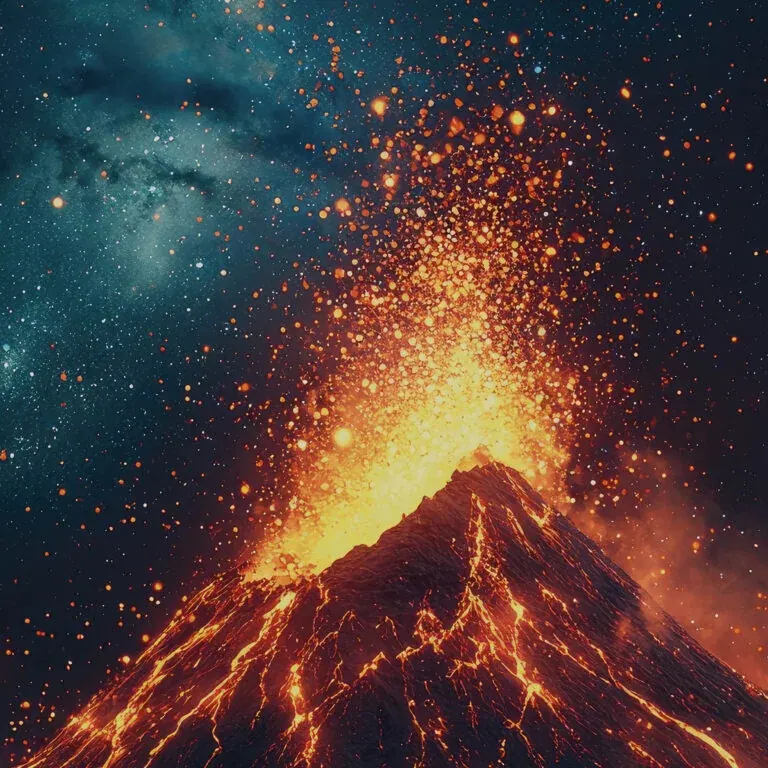 The e-book’s cover artwork: a volcano erupting into a starfield, embers rising from the crater and lava running down its flanks.