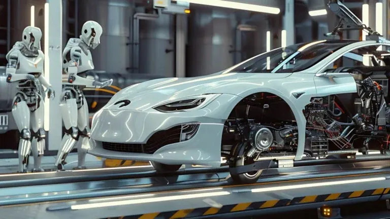 Two humanoid robots working on a white car body, opened up on a lit assembly line.